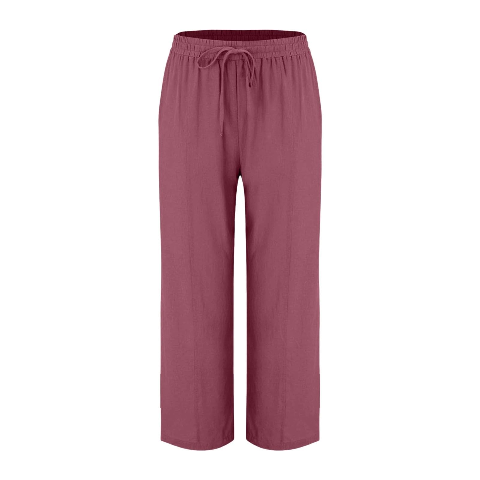 Generisch Pantalon d'été en lin aéré pour femme, jambes larges, taille haute, jambe droite, pantalon d'été avec poches, pantalon palazzo ample, pantalon culotte, pantalon avec cordon de serrage