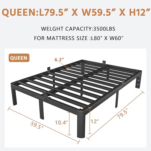 Image of Black Queen Bed Frame 12 Inch, Metal Queen Size Bed Frame No Box Spring Needed, DIY Headboard Holes, Heavy Duty Steel Support 3500 LBS, Noiseless, Round Corner Leg, Storage Space, Easy Assembly