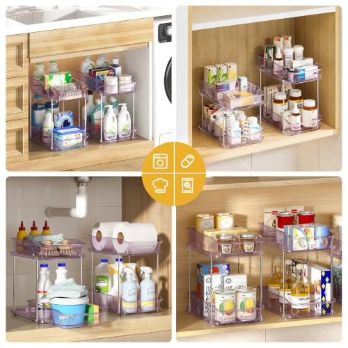 Image of Delamu 2-Tier Under Sink Organizers and Storage, Multi-Purpose Stackable Bathroom Cabinet organizers, Pull Out Kitchen Pantry Organization and Storage with Dividers(2 Pack, Purple)