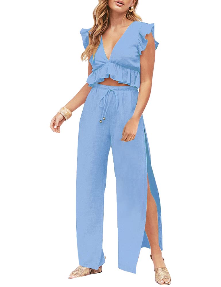 FANCYINN Ladies Conjunto de Verano de Dos Piezas con Cuello en V Profundo Crop Top sin Mangas y Pantalón con Abertura Lateral y Cordón Mono