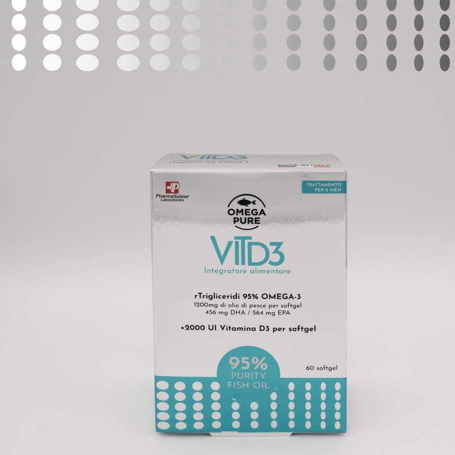 OmegaPure Vit.D3 Integratore di Omega–3, EPA e DHA e Vitamina D3. Formulato con 95% di Omega–3 in forma rTG consente un assorbimento ottimale a livello delle mucose intestinali - 60 softgel