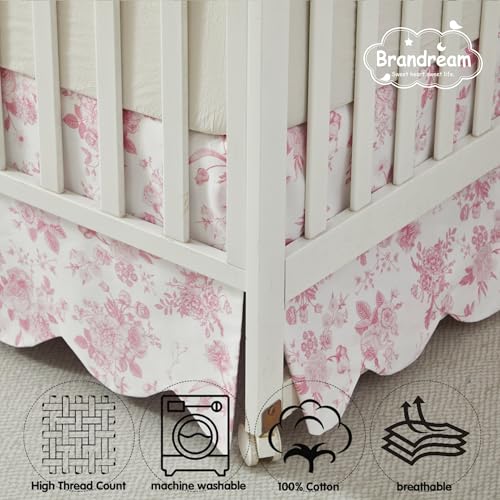 Image of Brandream Scallop Edge Cotton Crib Skirt, Baby Girl, French Country Pink Toile Crib Skirt Toddler Bedskirt Farmhouse Chic Nursery Crib Bed Skirt, Boho Bohemian Vintage Grandmillennial Floral Print