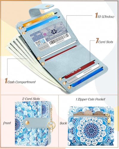 Image of Bistup Small Card Wallet for Women with Keychain, Blue Flowers | Clear ID Window, Compact Design for Daily Carry, Durable Material, Sturdy Keychain, Aesthetic