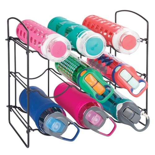 Image of Metal Water Bottle Rack Storage Organizer for Kitchen Countertops, Pantry, Fridge - Stores Wine, Beer, Pop /Soda - 3 Levels, Each Holds 9 Bottles, Free-Standing (Black)