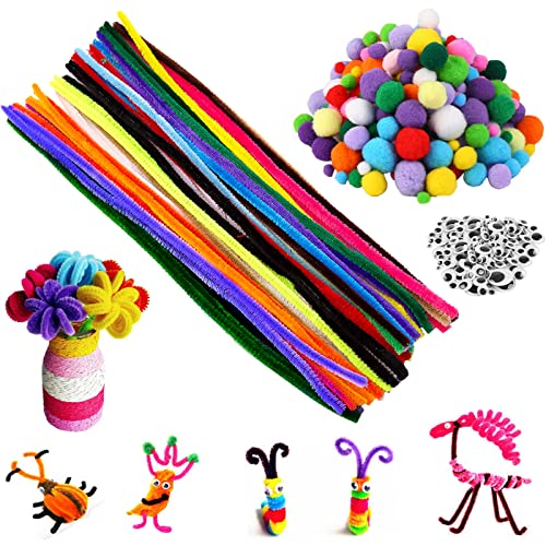 400pcs cure pipes en fil chenille Multicolore Avec pompons et yeux mobiles autocollants Brillant Fil Chenille Chenilles Colorées Tuyau en Chenille Pipe Cleaners pour bricolage Noël décoration