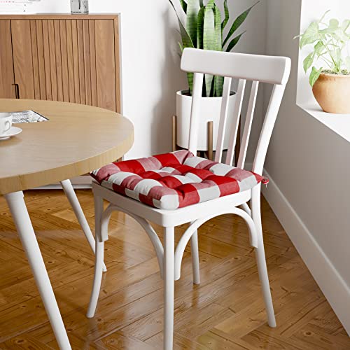 Image of Encasa XO Chair Cushions 40x40 cm with Ties 4 pcs - Buffalo Red Checks - Stripe Cotton Fabric, Rich Square Seat Cushions Micro-Fiber Filling, Large Size for Sitting, Sofa, Dining Table & Outdoor