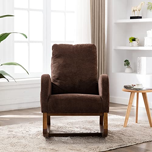 Pawom Mecedora suave de estilo moderno-century, silla acolchada para salón y dormitorio, silla ergonómica de acento con respaldo alto, silla deslizante de madera maciza de caucho
