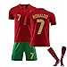 KiKa Monkey Portugal Home Stadium No.7 Cristiano Ronaldo Red Jersey Fußballtrikot für Kinder mit Socken Fußballtrikot für Erwachsene, rot, 3XS