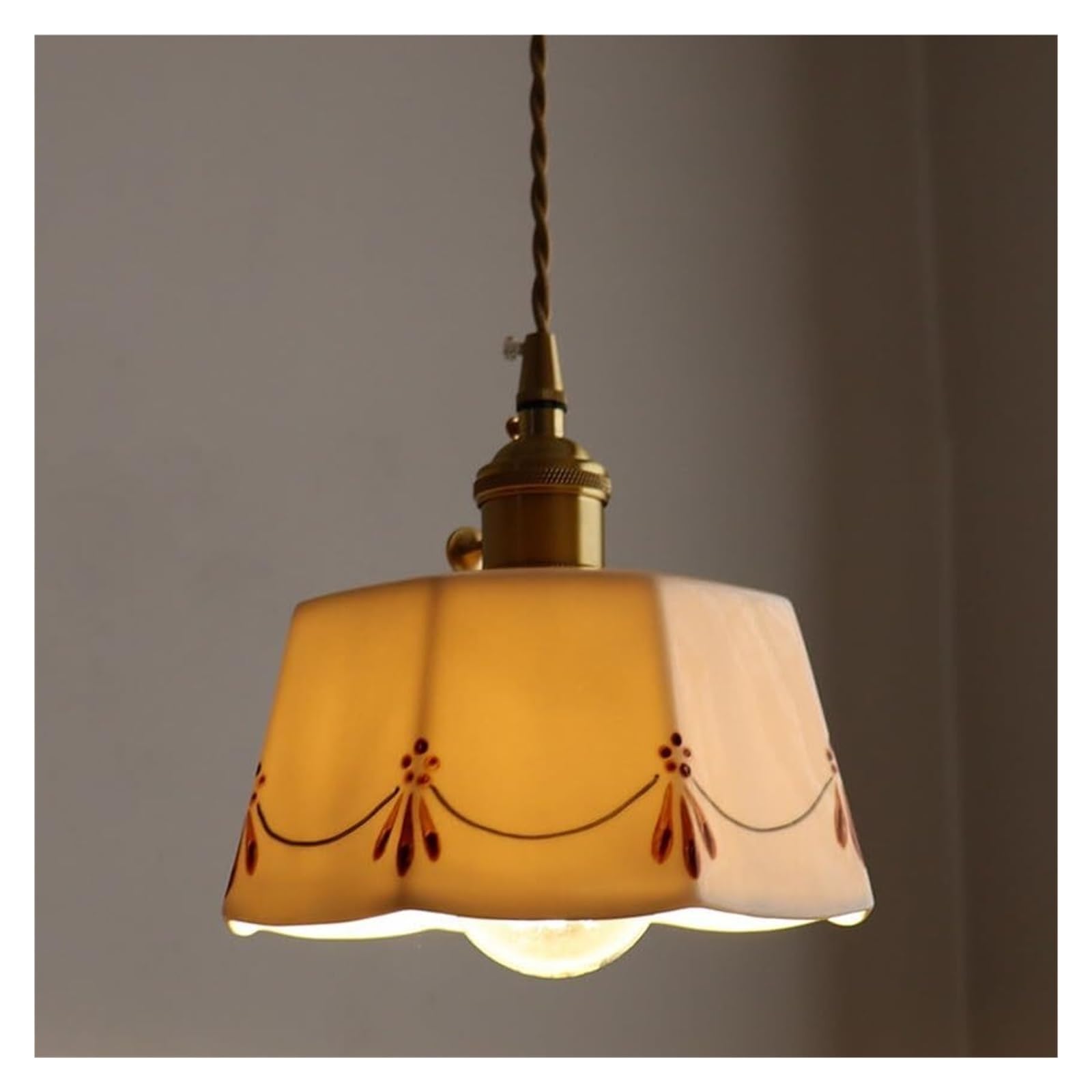 White Milk Glass Pendant Light Above Kitchen Sink Vintage Farmhouse Pendant Light Fixture Ceramic Drum Gold Mid Century French Country Chandelier For Bedroom Dining Room Hallway(Hand Painted Flowers)