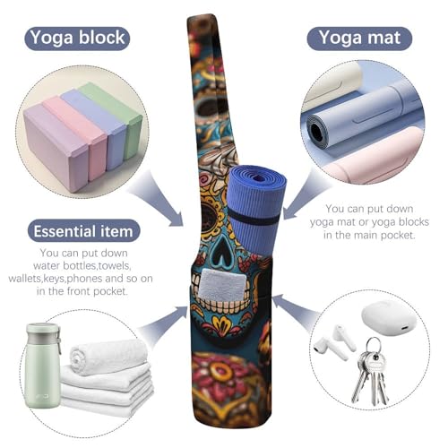 Kleurrijke Sugar Skulls Yoga Mat Bag, Duurzame Canvas Yoga Mat Opbergtas met Waterfles Zak En Bodem Natte Zak, Past Op De Meeste Maat Yogamatten - Afbeelding 6