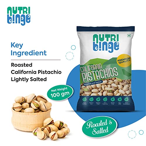 Image of NUTRI BINGE Pistachios (Pista 100 Grams) - Pack of 3, Premium California Roasted and Salted Pista Dry Fruits, Fresh Nutrient Rich Vegan Healthy Snacks