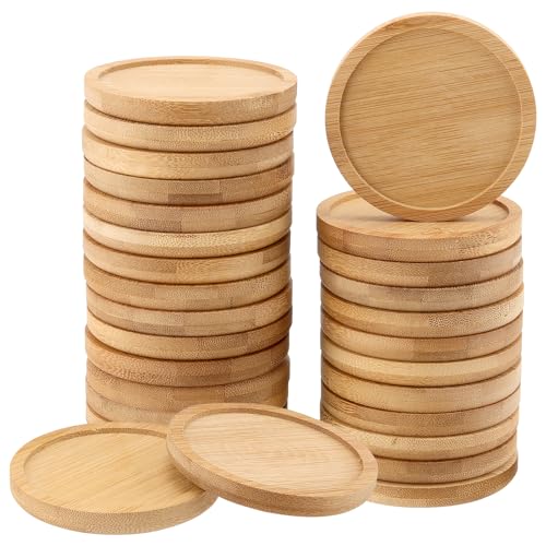 KEILEOHO 30 Stück Runde Bambus Untersetzer, Pflanzen Untersetzer Holz 8 cm, Klein Rund Kerzenhalter aus Bambus für Tassen, Blumentöpfe, Kerze