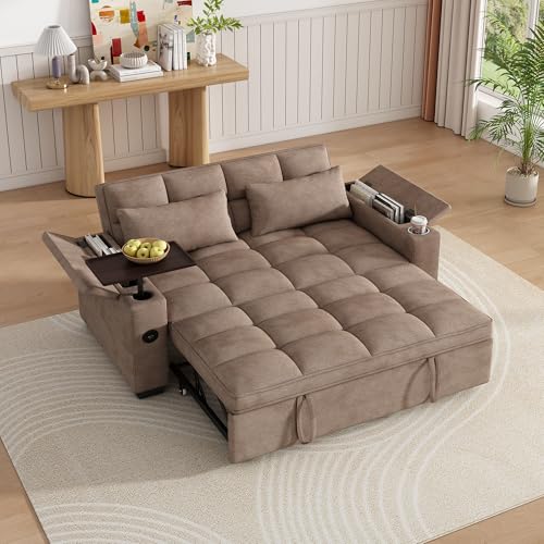 Image of Dreamzie 65'' 3 in 1 Convertible Sleeper Sofa Bed, Chenille Pull Out Couch for Living Room with 90 Swivel Side Table, Loveseat Sleeper with Charging Port | Side Pocket | Cup Holders, Khaki