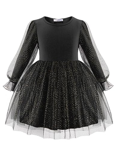 Arshiner Niñas Vestidos Tul Vestido de Manga Larga Niños Elegante Mangas Farol A Line Vestido de Fiesta Casual Festiva Moda Otoño Invierno Vestido para Niñas 2 3 Años Negro