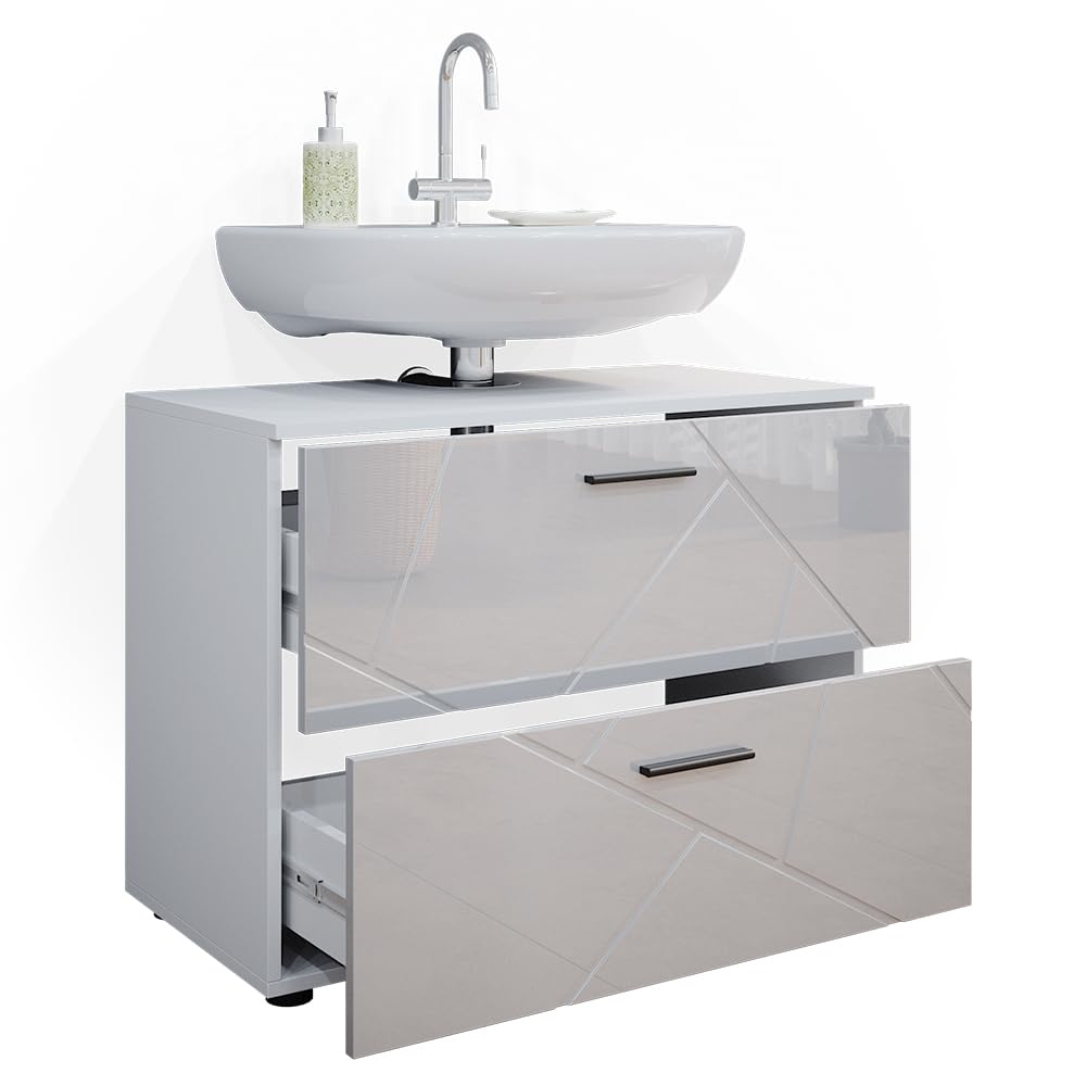 Vicco Waschbeckenunterschrank Irma, Weiß Hochglanz, 80 x 58.6 cm, geeignet zur Installation über dem Siphon mit Belüftungsöffnungen