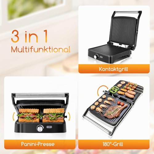 Foto von Aigostar Calore Kontaktgrill, Sandwichmaker 1800W, 180° aufklappbar mit einstellbarer Temperatur (50-220°C), Antihaftbeschichtung und Fettauffangschale