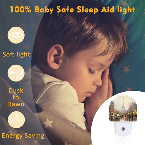 Image of Paris Eiffel Tower Oil Painting Night Light for Kids,City Street Night View Night Light Plug in with Dusk to Dawn Sensor,0.5w Energy Saving Nightlight for Hallway Stairway Kitchen Bedroom