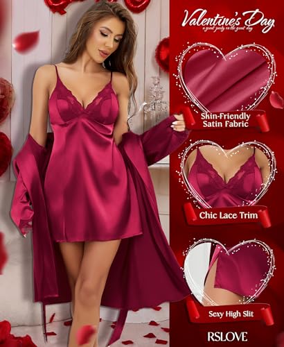 Image of RSLOVE Women's Satin Sleepwear Set - 2 Piece Lace Cami Nightgown and Long Sleeve Robe Sexy Silk Pajamas Lingerie for Women