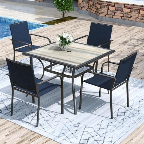 Image of Anmutig 5-Piece Outdoor Patio Dining Set 37 Inch Square Wooden-Like PVC Table with 4 Stackable Chairs for Garden Backyard Blue
