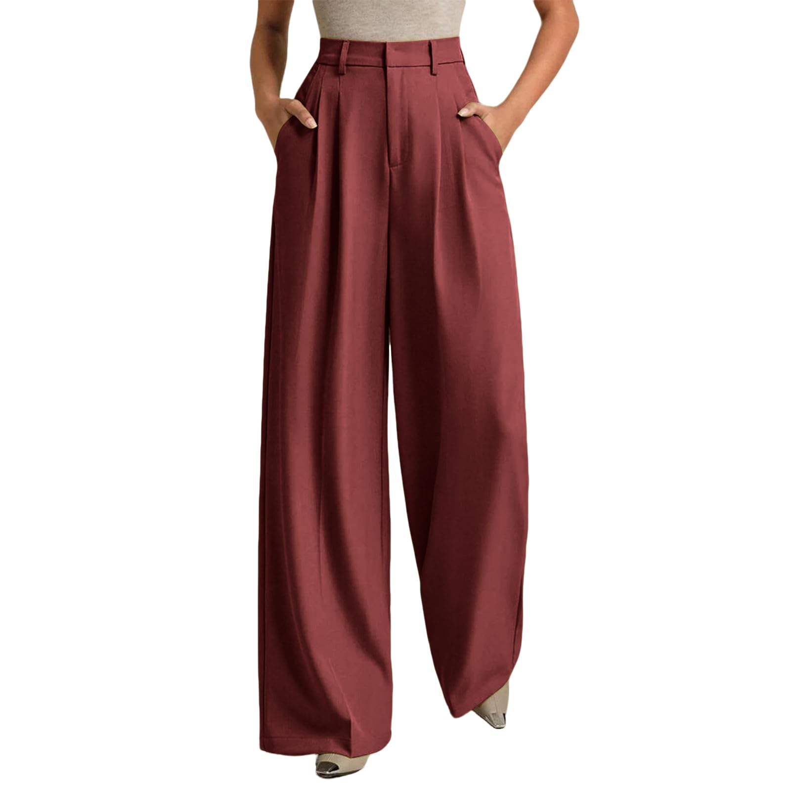 Generisch Anzughose Damen High Waist Hosen Damen Elegant Sommerhose Leichte Palazzo Hose Lang Weites Bein Freizeithose Baggy Lässige Marlenehose Business Stoffhose Mit Seitentaschen Damenhosen