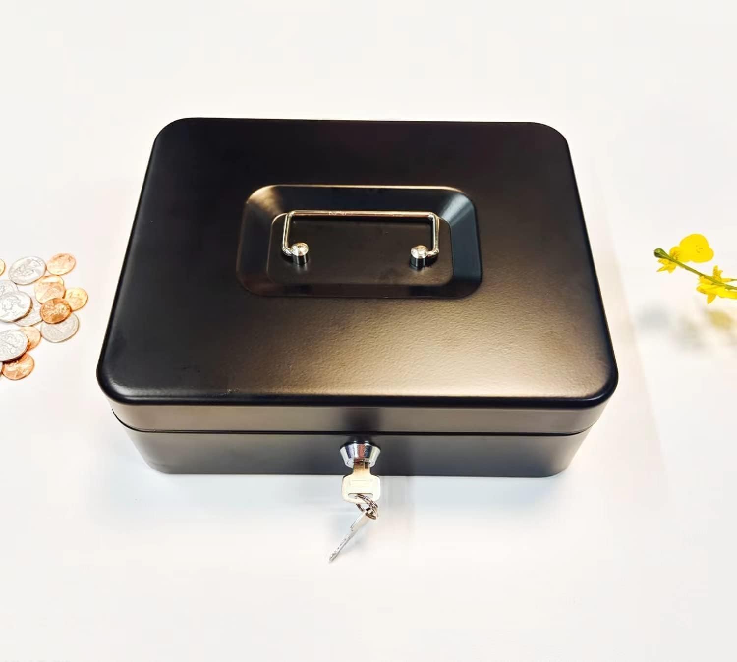 Cash Money Safe Box - Compact Solid Steel Lockable Security Storage Chest for Loose Money, Coins, Change & Valuables with 2 Keys - Removable Tray with 5 Coin Sections, 1 Bill Section-image-12