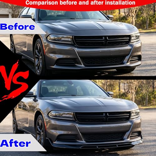 Image of Front Lip Splitter Spoiler for Dodge Charger 2015-2023 Accessories | (for SXT, SE, GT, R /T, Base Models Only), Nice Clean Look Mods, 4PC Bumper Wing Kit, Sport Bumper Upgrade, Gloss Black Finish