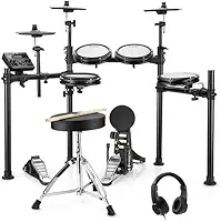 Donner DED-200 Conjunto de bateria eletrônica com tambores silenciosos com peles de malha, 2 pratos com função de abafamento (choke), 31 kits e mais de 450 sons, banco, fones de ouvido, baquetas, usb