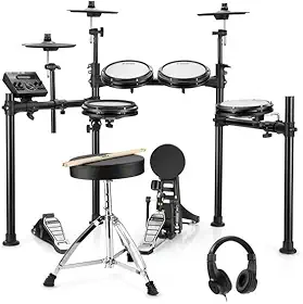 Donner DED-200 Conjunto de bateria eletrônica com tambores silenciosos com peles de malha, 2 pratos com função de abafamento (choke), 31 kits e mais de 450 sons, banco, fones de ouvido, baquetas, usb