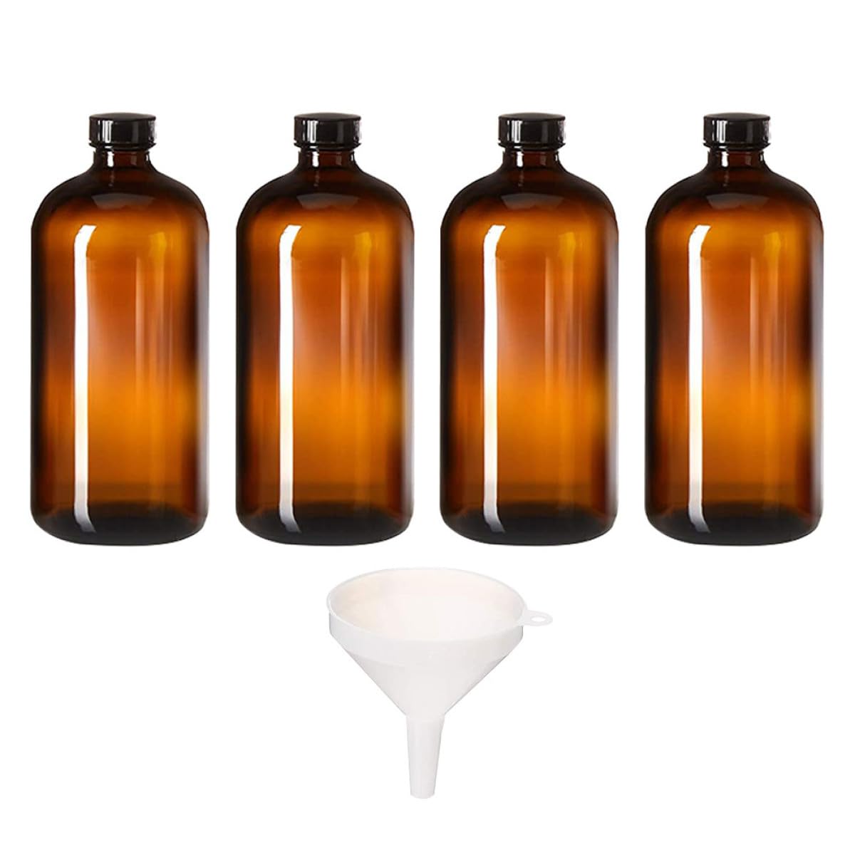 4 Pezzi Set da 4 Flaconi Reagente in Vetro Marrone 500ml a Bocca Piccola con Imbuto, Bottiglie Campione Resistenti per Conservazione Liquidi Chimici, Uso Laboratorio e Colore