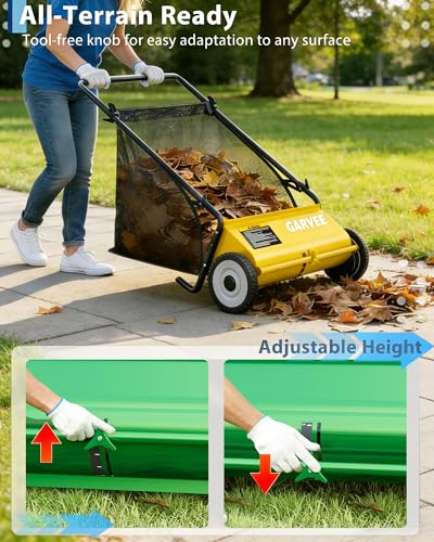 Image of Push Lawn Sweeper, 26 Inch Extra-Wide 4-Brush System, 7 cu.ft. Mesh Bag, Heavy Duty Steel Frame, Height-Adjustable Yard & Garden Cleaner for Leaves and Grass, Yellow