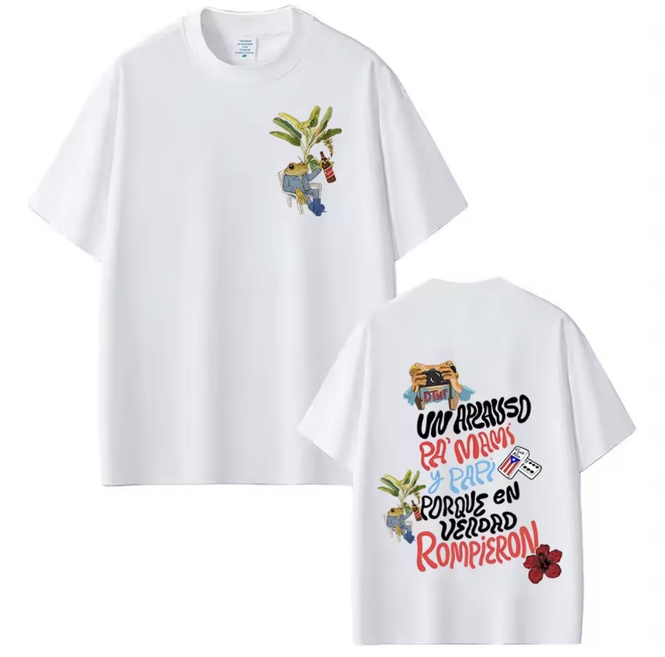Bad Bunny DMTF - Maglietta unisex con stampa di rana tropicale, motivo "Un applauso pa" Mamá y Papi, bianco e nero, maniche corte