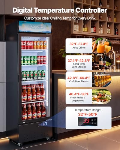 Image of VEVOR Commercial Merchandiser Refrigerator, 12.7 Cu.Ft / 360 L Glass Door Display Refrigerator, Upright Beverage Cooler with Customizable Lightbox, 4 Adjustable Shelves & Soft LED Light for Home Shops
