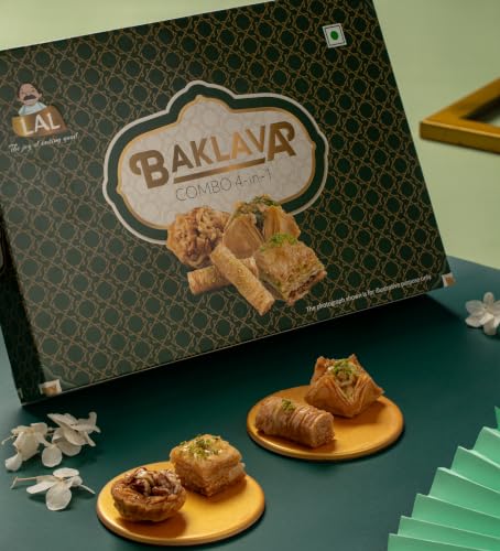 Image of Lal Sweets Baklava (4-in-1) Assorted Baklawa 650g with Rakhi | Turkish Baklav Sweet Gift for Rakshabandhan | Includes Finger, Square, Pyramid & Rose Baklava Inside | Serves in 26 Pcs