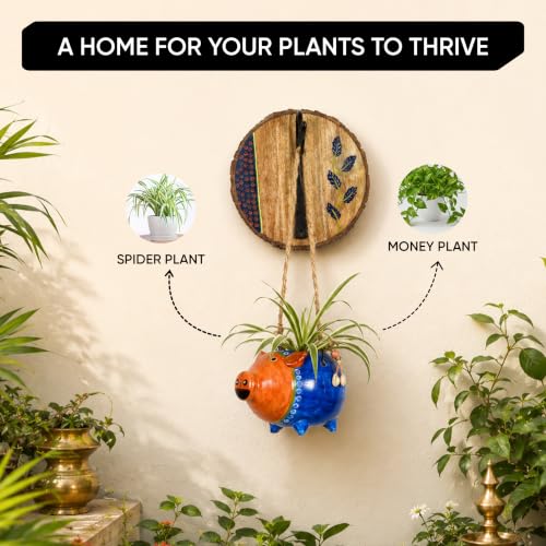 Image of AAKRITI ART CREATIONS Wall Hanging Planter with Hook | Blue Pig Design on Round Hook, Modern Art, Matte Finish | Metal, Terracotta & Wood | Decorative Hanging Pot for Indoor & Outdoor Home Decor