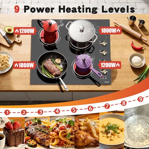Image of 24 Inch Electric Cooktop - 4 Burner Drop-in(22.05 inchx19.3 inch) Ceramic Stove Top 6000W, 220V Electric Stove, 9 Power Level, Pause, Safety Lock, Touch & Knob Control, 240V Hard Wired (No Plug)