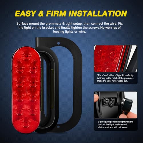Image of Nilight 6 inch Oval Trailer Tail Light 2PCS Red w /Mounting Brackets