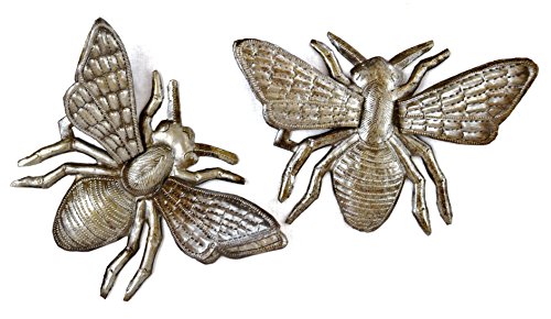 Buzzing Around Bumble Bee, Set of 2, Metal Bugs Wall Art, Decorative Garden Insects Home Decor, Recycled Haitian Art (Bees)