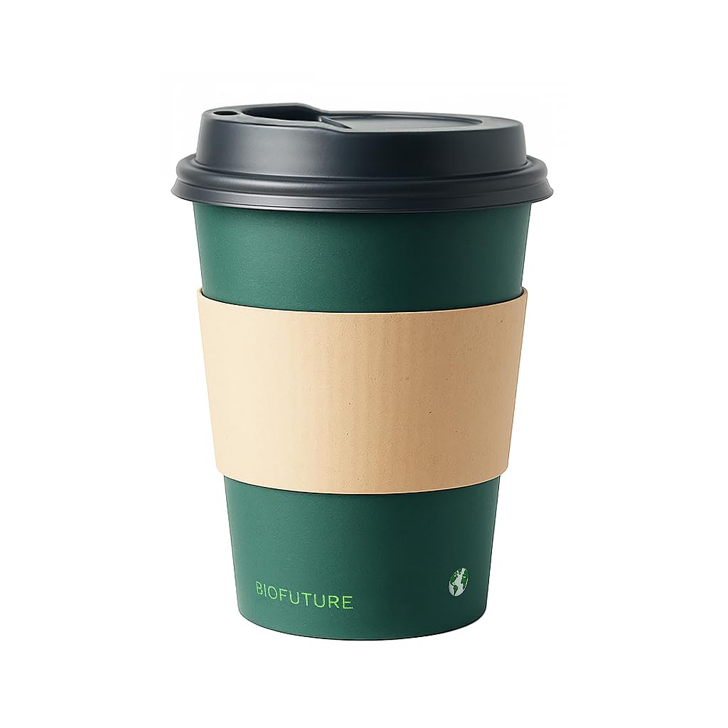 BIOFUTURE 200 x 8oz Takeaway Disposable Coffee Cups with Black Lids and Sleeves – EN 13432 Certified, Biodegradable and Compostable Paper Cups for Coffee, Tea, and Hot Drinks (Green)