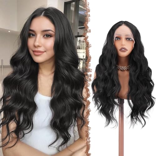 FESHFEN Peluca Lace Front pelo Natural Largas Onduladas Sintética HD Lace Pelucas de Pelo para Mujeres, Negro Natural 70 cm