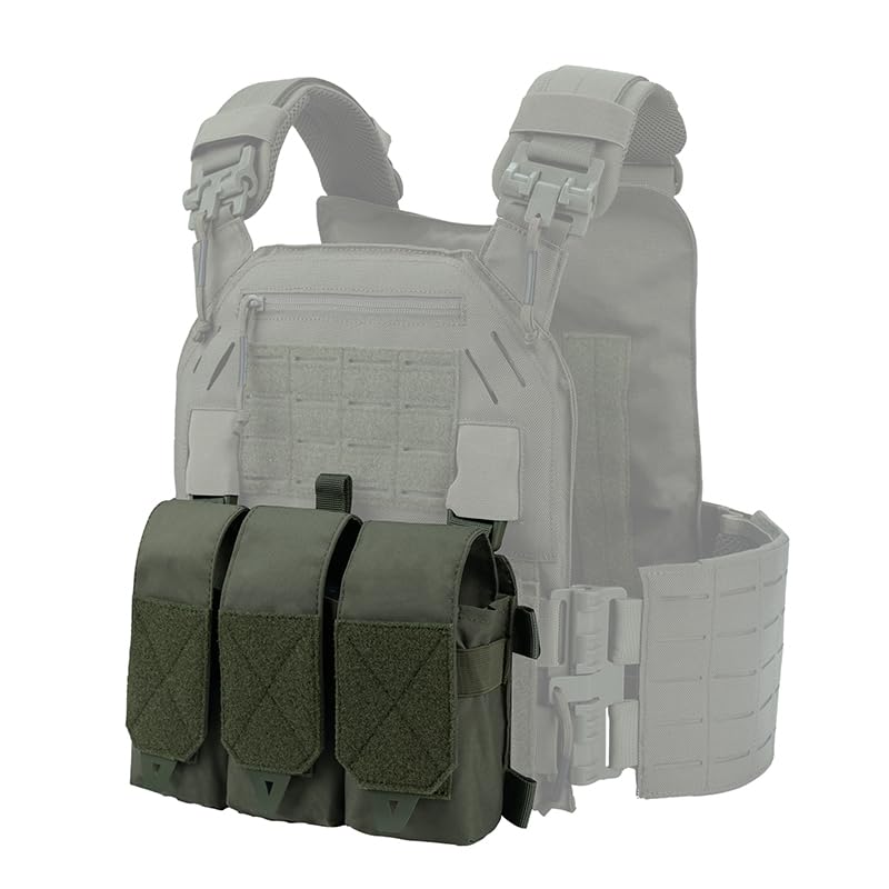 PIKEON Tactical Triple Magazine Pouch with Quick Release Mag Pouch Insert UTX Buckles Combined with Chest Mini Rig and Vest (Gn)