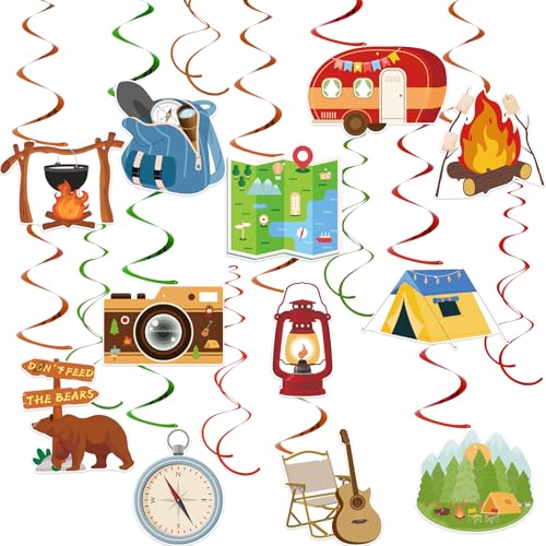 Image of 54Pcs Camping Hanging Swirls Party Decorations Camping Themed Birthday Party Decorations Ceiling Hanging Decor for Classroom Outdoor Hiking Summer Camp Adventure Swirl Streamers