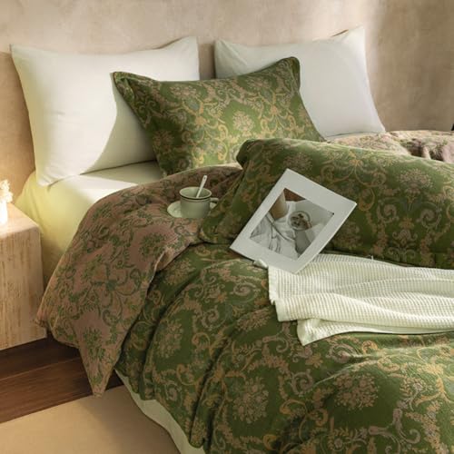 VM VOUGEMARKET Olive Green Duvet Cover Set King,Reversible Medallion Flower Print Bedding Set Linen Cotton Yarn-Dyed Textured Bohemian Duvet Cover with Zipper Closure