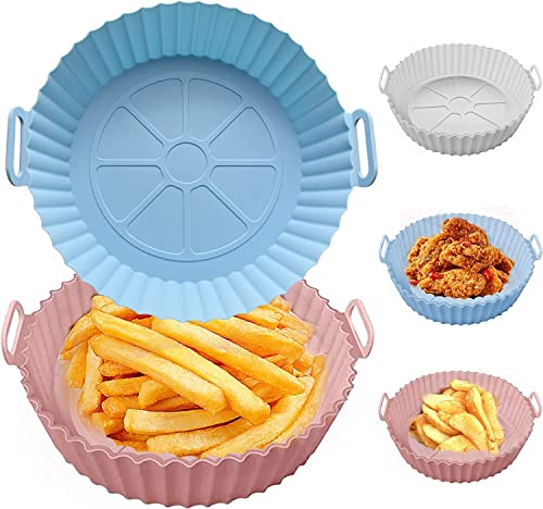 Image of Round Silicone Air Fryer Liners, 3 Count, Multicolor, Heat Resistant, Dishwasher Safe, Reusable Baking Tray Pots for Oven, Microwave, Steamer
