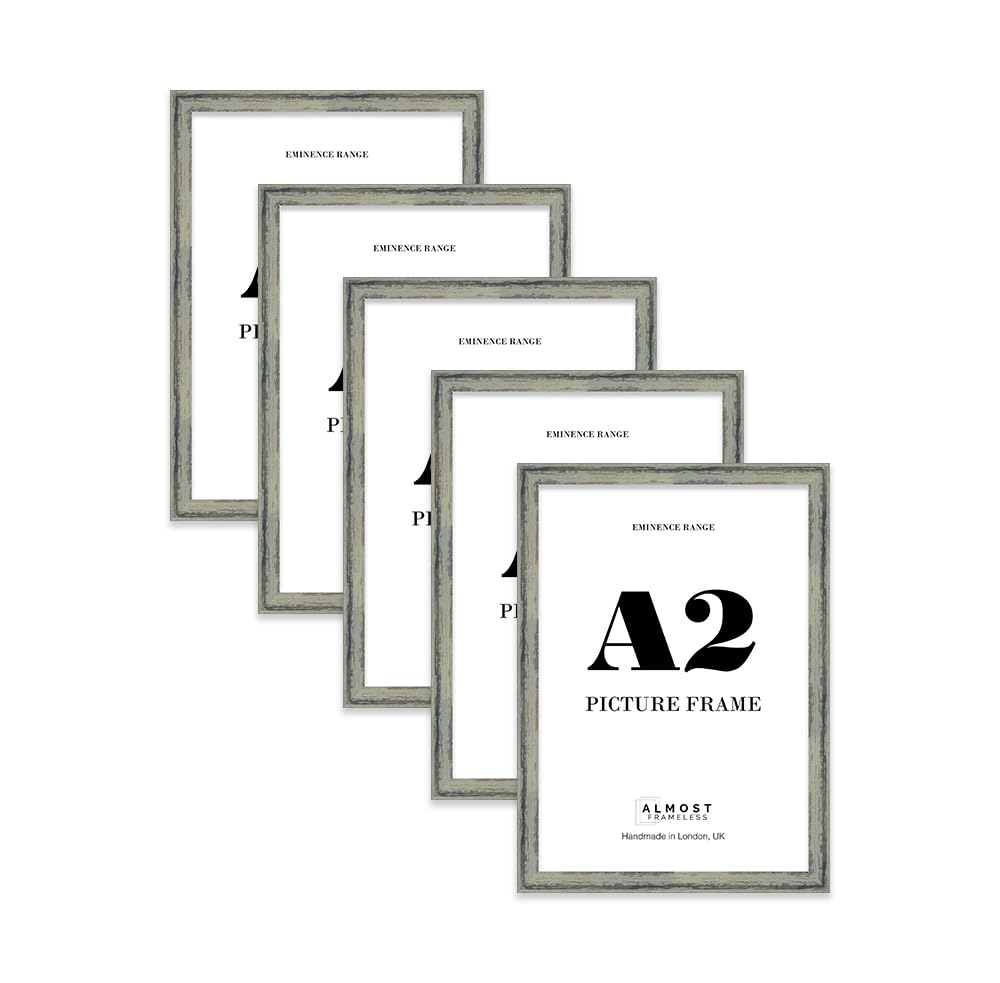 A2 Distressed Green Picture Frame - Rustic Wood Industrial Effect Photo Frame for Wall Display, Ideal for Posters, Prints & Home Décor, Wall Hooks, 32mm Edge - 5 Pack