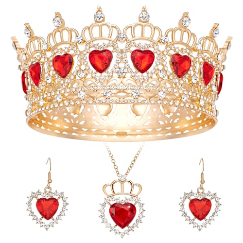 Queen Crown Queen of Hearts Earrings & Necklace Crowns Set Rhinestone Wedding Crowns and Tiaras for Women Costume Party Hair Accessories Princess Birthday Tiara Crystal Bridal Crown (Gold Red)