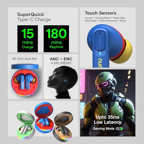 Image of Number Super Buds 555 ANC (32db) Truly Wireless in Ear Earbuds with 66H Playtime, Dual Pairing Ear Buds, 35ms Low Latency, 13mm Speakers, 4Mic ENC, BT 5.4, Fast Charging, Made in India (Blue Lava)