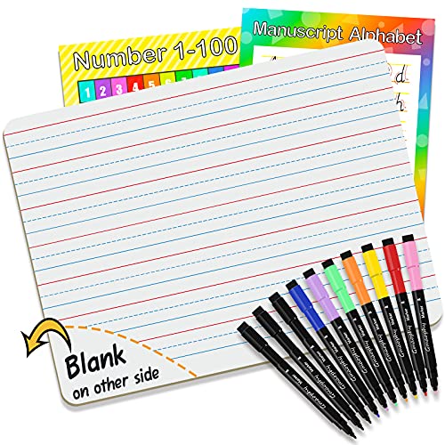 Dry Erase Board, Small Dry Erase White Board 9"X12" with 10 Pcs Dry Erase Markers & 2 Pcs Educational Posters, Double Sided Dry Erase Lapboard with Lines/White Board, Mini Whiteboards for Kids
