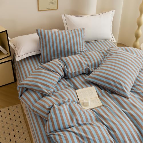 Image of Retro Blue Brown Striped Duvet Cover Set, Soft & Comfortable Durable King