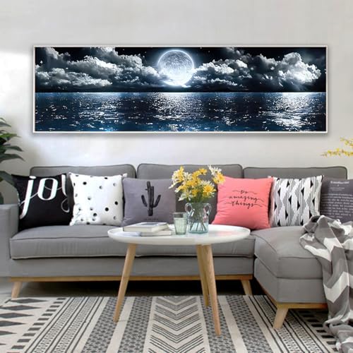 Quadro su tela con cielo nuvole, paesaggio naturale, moderno, grande, 1 pezzo, decorazione da parete, per soggiorno, camera da letto, mare, luna, notte, senza cornice (B, 40 x 120 cm)