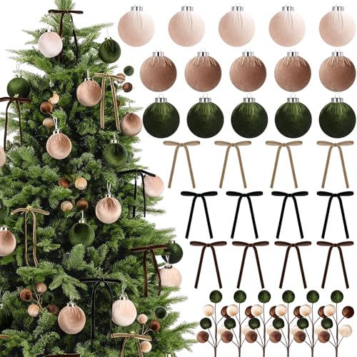 Ouddy Decor 33 Pcs Velvet Christmas Ornaments Set, 3.15 Inch Neutral Christmas Balls Ornaments with Ribbon Bows Spheres Ball Tree Picks for Xmas Wreath Garland Holiday Winter Decor, Brown & Green